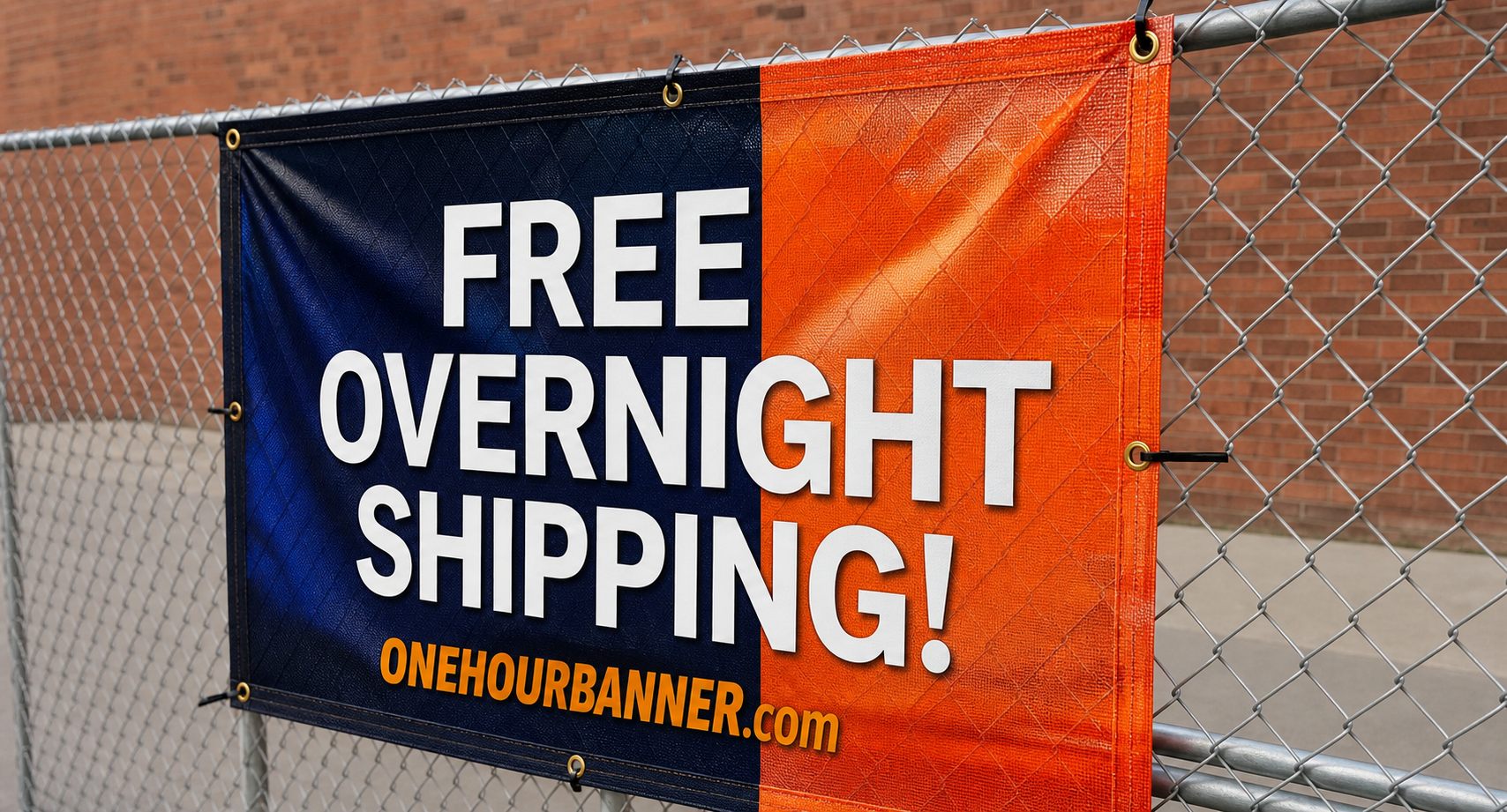Mesh fence banner reading Free Overnight Shipping printed by ONEHOURBANNER.com