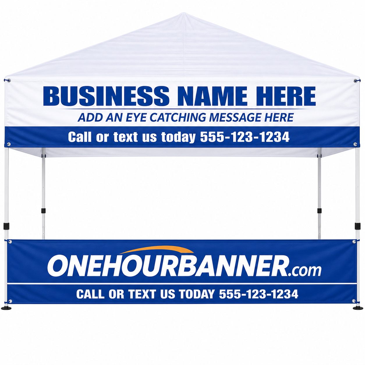 Custom tent banner with ONEHOURBANNER.com blue skirt for trade shows